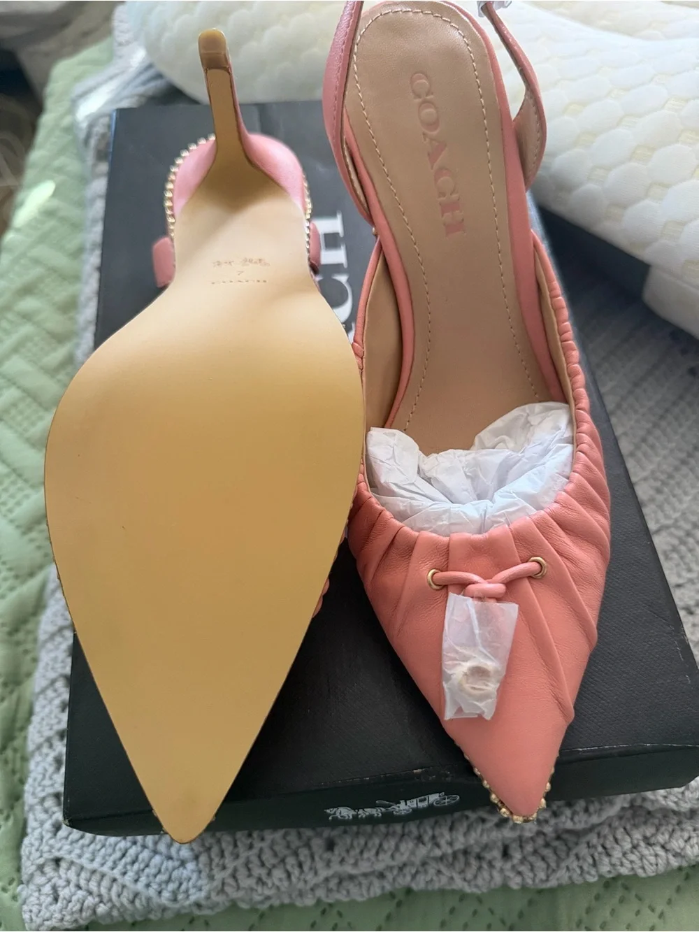 Coach Pink Ruched Pointed Slingback Flats with Stud Trim